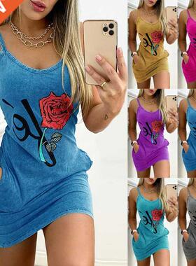 Dress Women Summer floral Printing Pocket Condole Belt sling