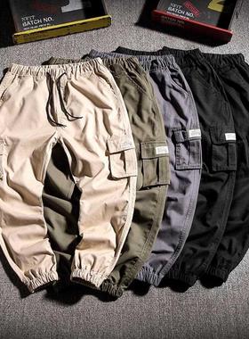 2022 Men Cargo Pants Solid Color Breathable Drawstring Elast