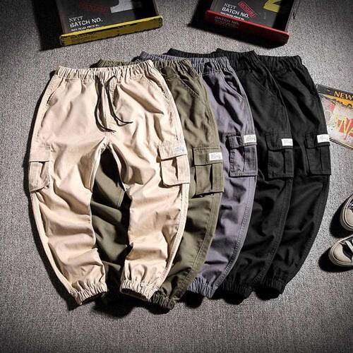 2022 Men Cargo Pants Solid Color Breathable Drawstring Elast