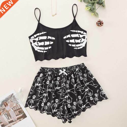 Women Summer Skeleton Skull Cmisole Shorts Pjm Sets Fem
