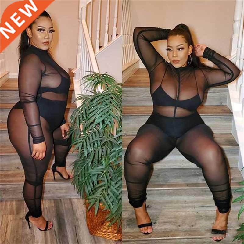 Xl-5xl Large size black sexy see-through women's jumpsuit22