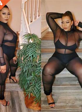 Xl-5xl Large size black sexy see-through women's jumpsuit22