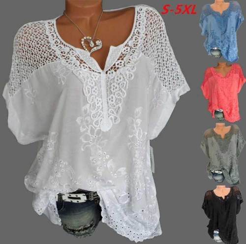 Large Size Loose Short-Sleeved Lace Women Blouses Cotton Blo