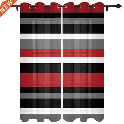 Red Black White Stripes Geometric Window Curtains for