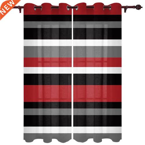 Red Black White Stripes Geometric Window Curtains for