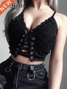 InsGoth Sexy Bandage Lace Women Camis Gothis Punk Spaghetti
