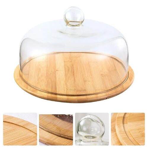 Wood Serving Tray Storage Plate With Glass Cover Dessert