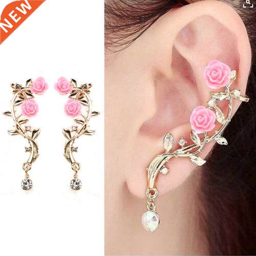 New Fashion Rose Leaf Flower Ear ud Cuff Earring Lady Gold