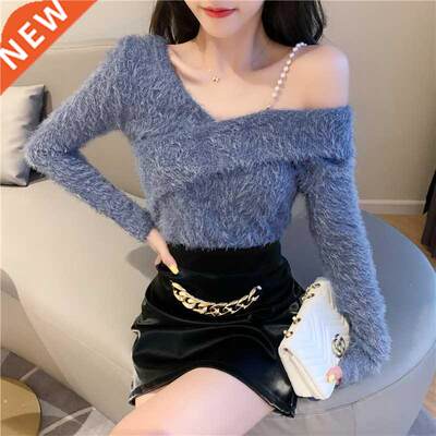 Spring Autumn Pearl Shoulder Strap Off-shoulder Slim Fit Kni