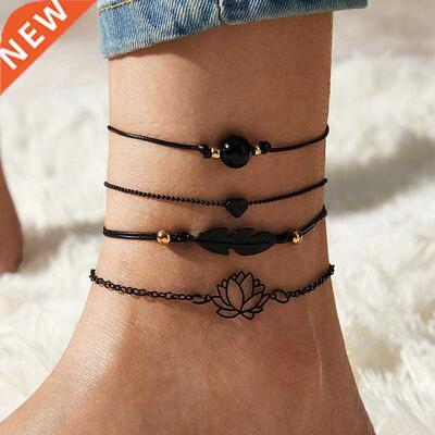 4pcs New lack Feather Lotus Anklets For Women Fashion Heart