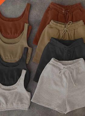 Casual Solid shorts sets Women Crop Top Two Piece And Drawst