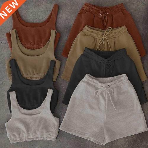 Casual Solid shorts sets Women Crop Top Two Piece And Drawst