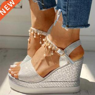 2022 New Women Wedge Sandals Summer Bead Studded Detail Plat