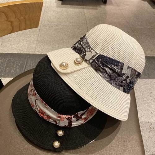 Bucket Hats for Women Straw with Printed Silks Ribbon New Su