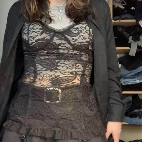 Korean Kawaii Retro Black Lace Cami Top Women Sexy See Throu