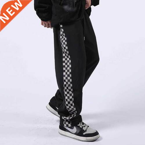 Checkerboard Plaid Pants Men's Side Stripes Loose Straight B