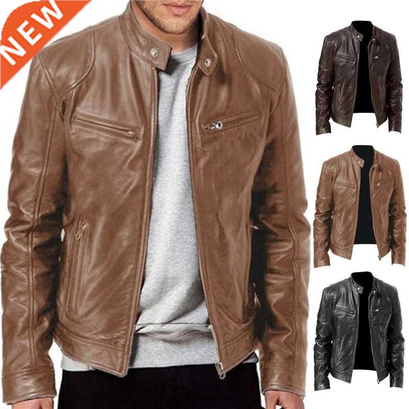 2022 Mens Fashion Leather Jacket Slim Fit Stand Collar PU Ja