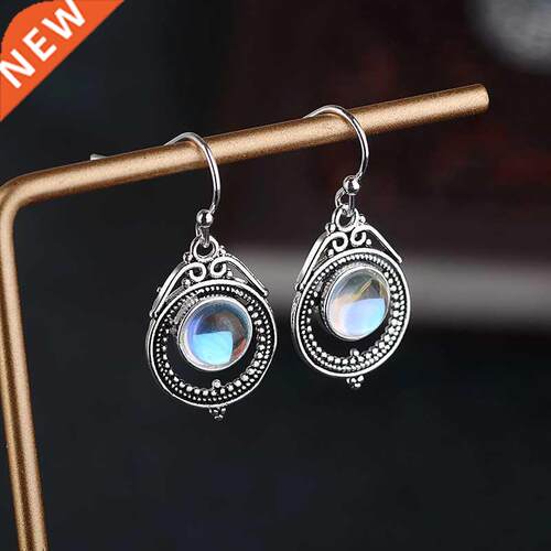 New Vintage Silver Color Moonstone Earrings Round Earrings F