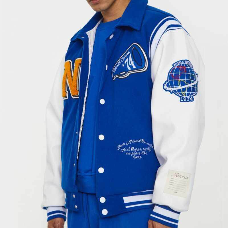neutrals blue varsity bomber jacket man contrast sleeve pu l