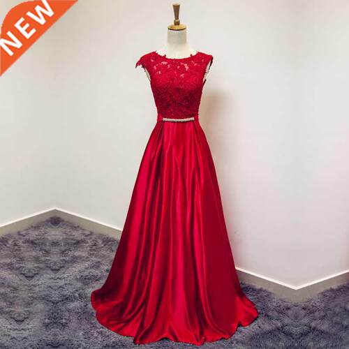 Beauty-Emily Hot Satin O Neck Evening Dresses A Line Lace El