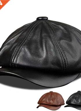 Men's Genune Leather Warm Octagonal Cap, Casual Vntage New
