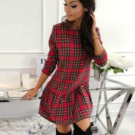 2020 Winter Xmas Red Plaid Dress Long Sleeve Scottish Plaid