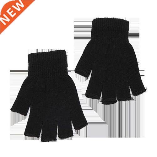1pair Black Short Half Finger Fingerless Knit Wrist Glove Wi