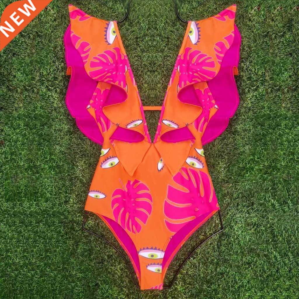 One Piece Swimsuit 2022 Sexy Eyes print Swimwear Women Shoul