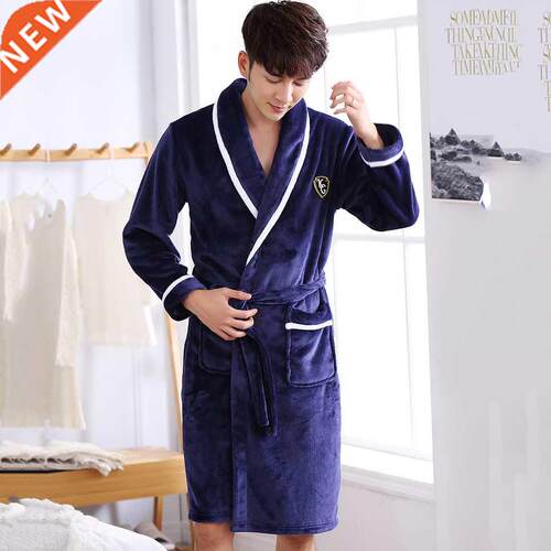 Men Casual Kimono Bathrobe Autumn Winter Flannel Long Robe T