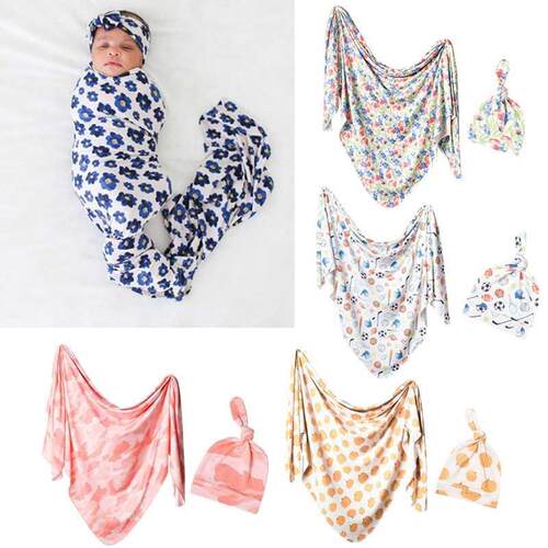2 Pcs Baby Blanket + Hat Set Newborn Cotton Swaddle Wrap Bla