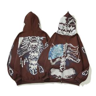 Men's Spring Y2k Printed Setwear Skull Hoodie Zip Up Alt Fai