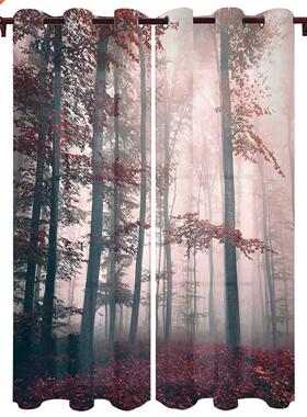Autumn Woods Mysterious Fog Window Curtains Kitchen Bedroom