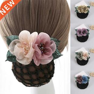 Ribbon Flower Hairgrips Crystal Crochet Bun Net Snood Bow Ha