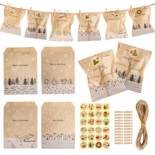 24Sets Vintage Kraft Paper Bags Santa Claus Elk Merry Christ