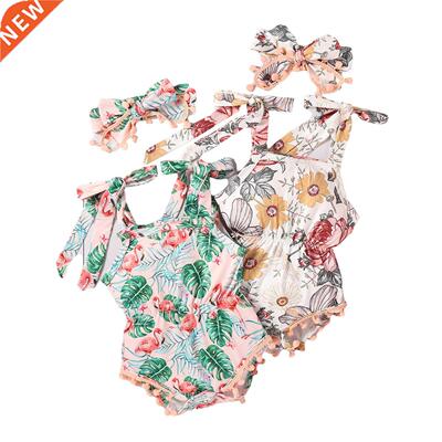 2 Pcs Newborn Summer Outfits, Baby Girl Sleeveless Tie Up Fl