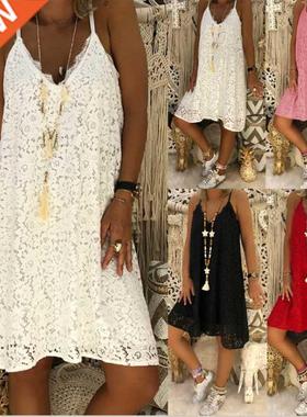 Loose lady's summer dress with lace halter on v-neck吊带女裙