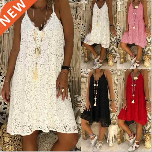 Loose lady's summer dress with lace halter on v-neck吊带女裙