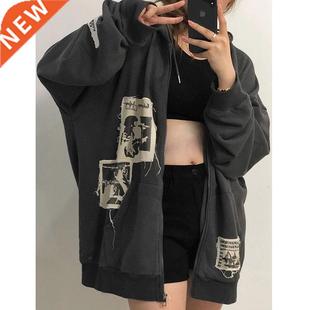 Emo Women Alt Punk Hoodie Zip Up Grunge Aesthetic Jacket Vin