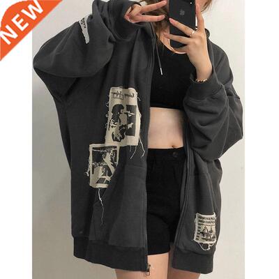 Emo Women Alt Punk Hoodie Zip Up Grunge Aesthetic Jacket Vin