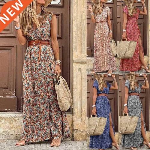 2022 Summer Boho Long Dress Women Casual Paisley Print Belt