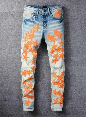 America Jeans Male blue Orange star Leather Patchwork Jeans