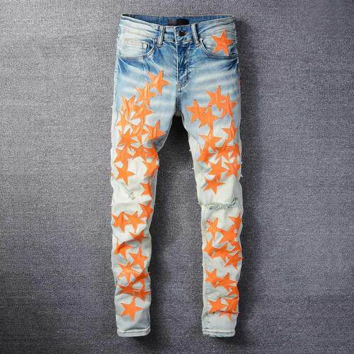 America Jeans Male blue Orange star Leather Patchwork Jeans