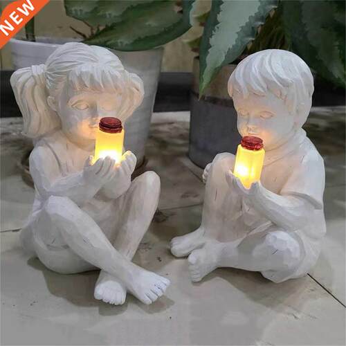 Nordic Style Child Holding Glass Lamp Resin Statue Solar