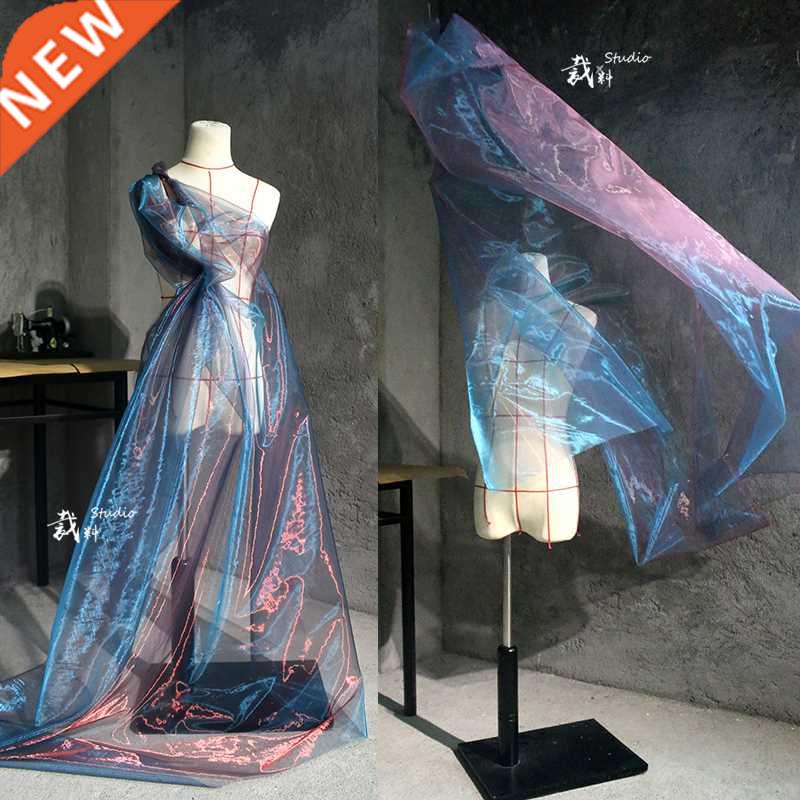 Cut Ancient Blue Gradient Organza Designer Fabric Dress