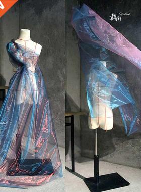 Cut Ancient Blue Gradient Organza Designer Fabric Dress