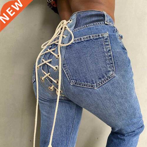 外贸2021秋季新款女装时尚绑带牛仔裤Ladies' fashion jeans