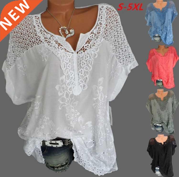 Large Size Loose Short-Sleeved Lace Women Blouses Cotton Blo图片