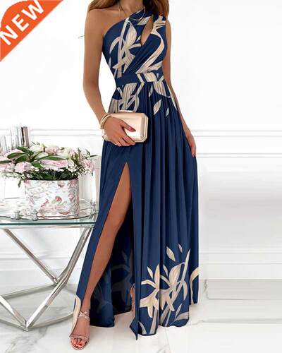 2022 Summer Elegant One Shoulder Floral Print High Slit Cuto