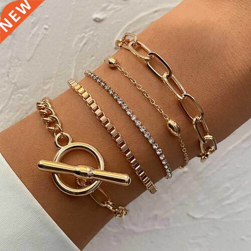 5 Pcs/Set Punk Gold Crystal Thick Chain Bracelet Female Bohe