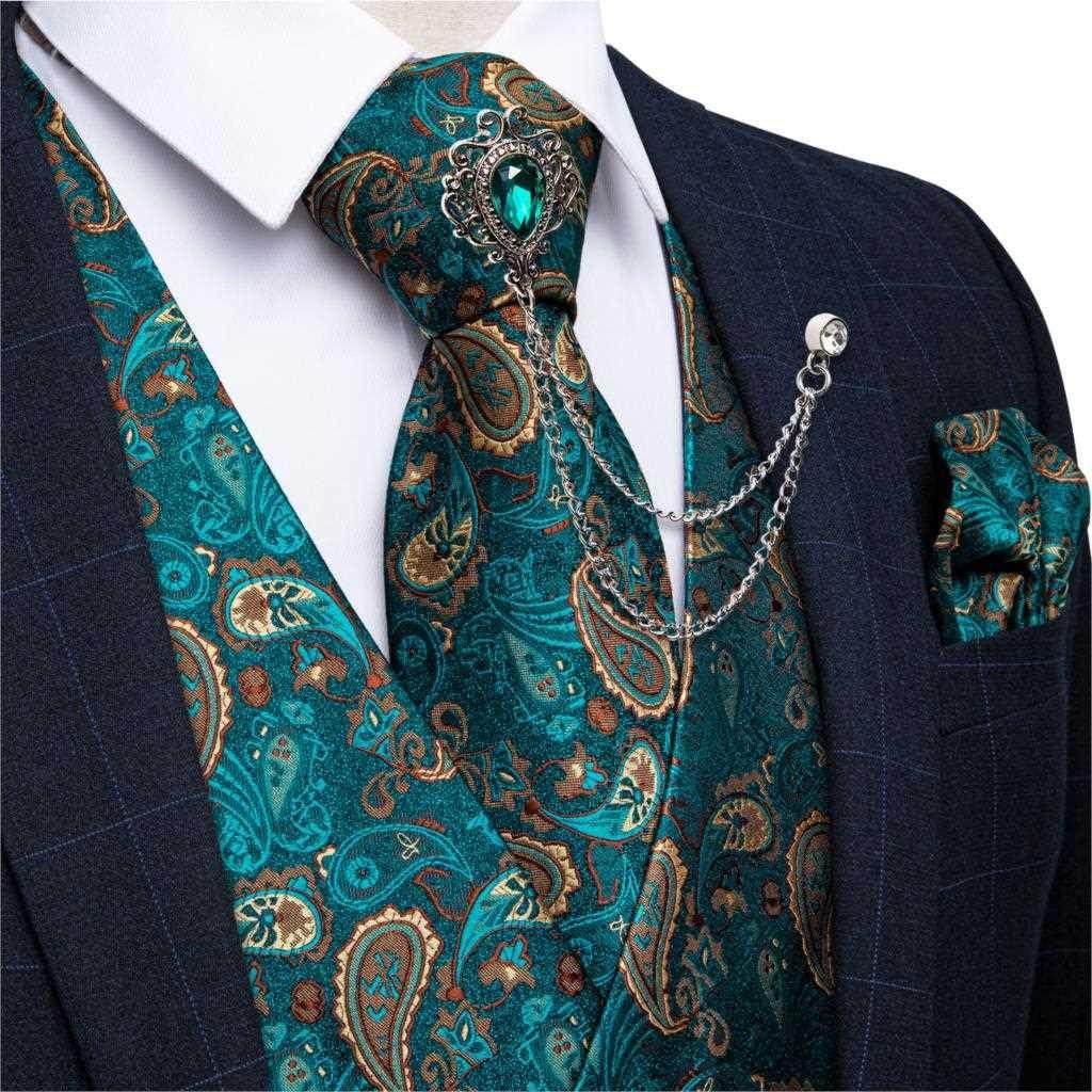 new teal green paisley 100% silk formal dress vest men waist